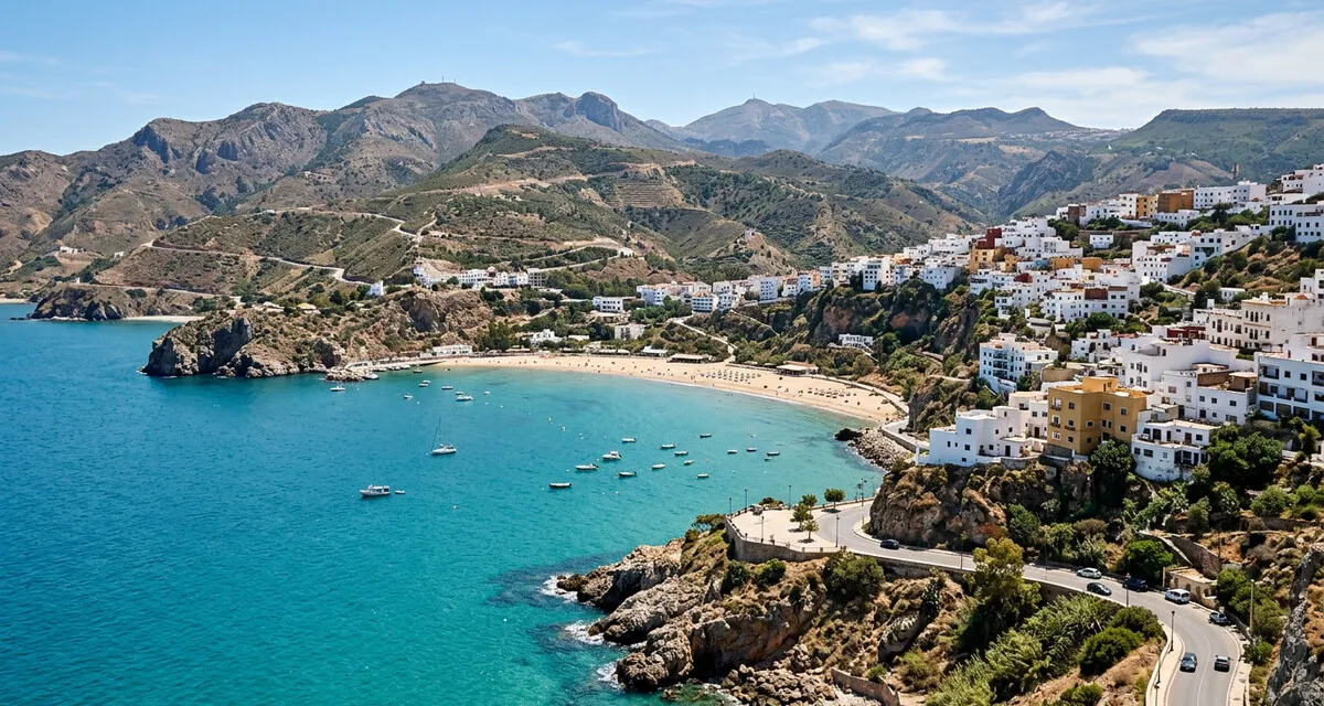 De baai van Al Hoceima met strand en witte huizen op de rotsen