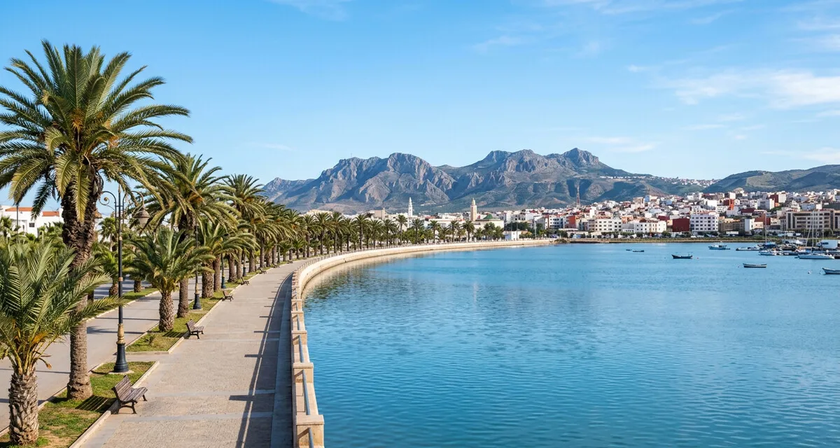 Boulevard langs de lagune Marchica bij Nador met het Rifgebergte