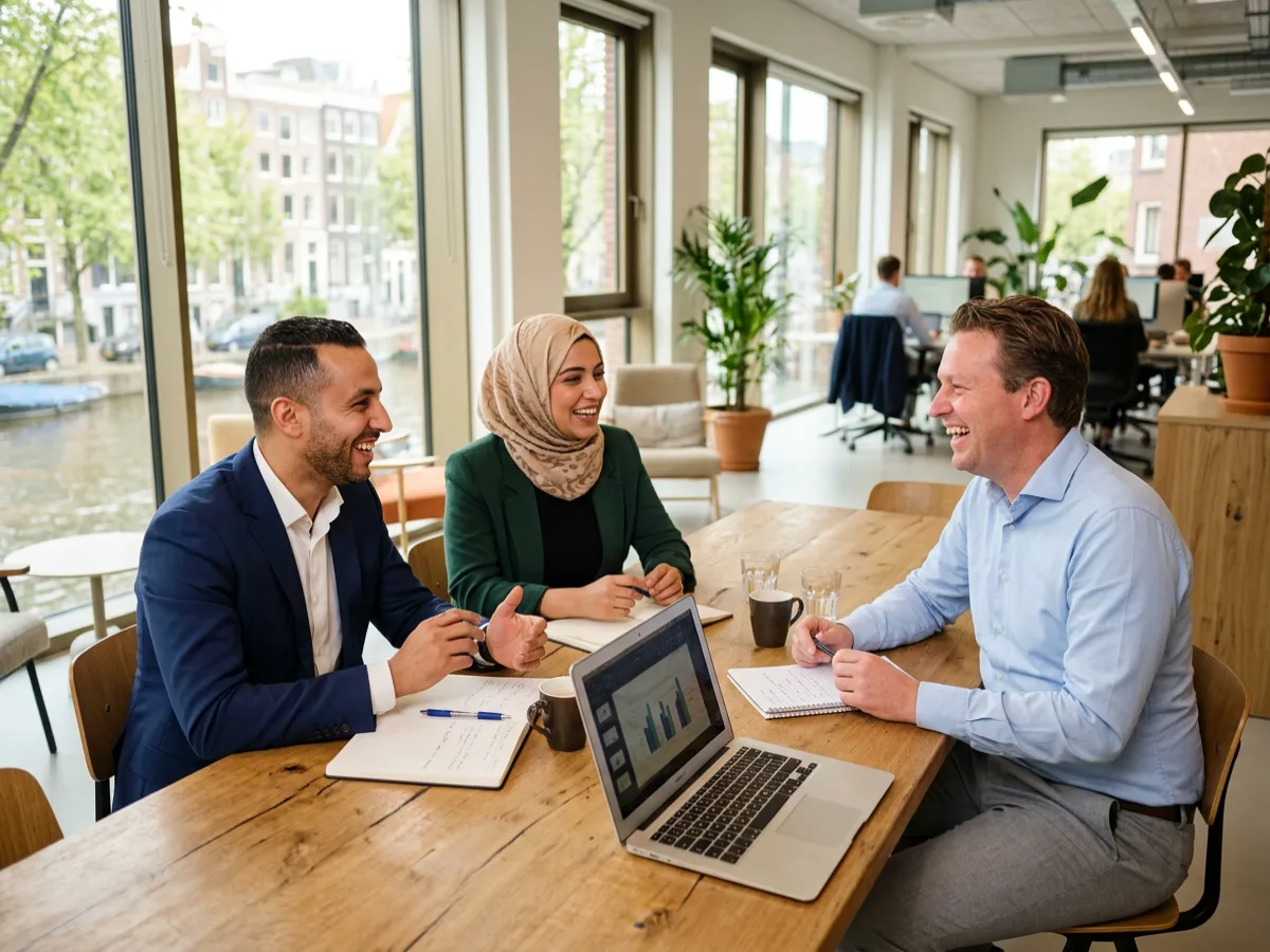 Drie professionals in overleg aan een tafel met laptop in een licht kantoor aan de gracht