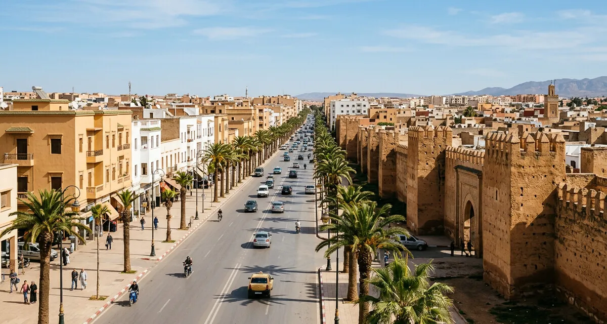 Boulevard met palmen en de oude stadsmuur in Oujda